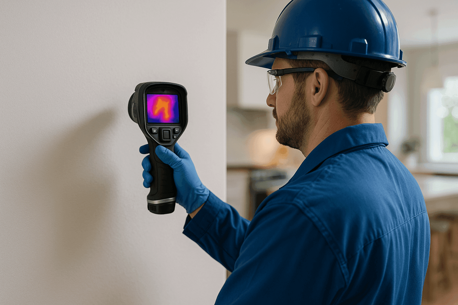 Plumber inspecting wall with thermal camera for hidden water leaks