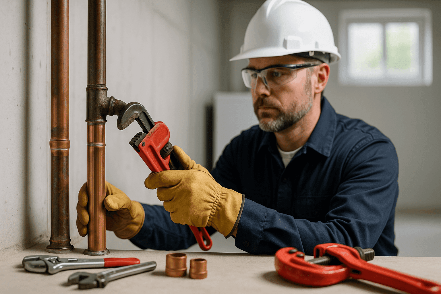 Plumber replacing old copper pipes in home basement
