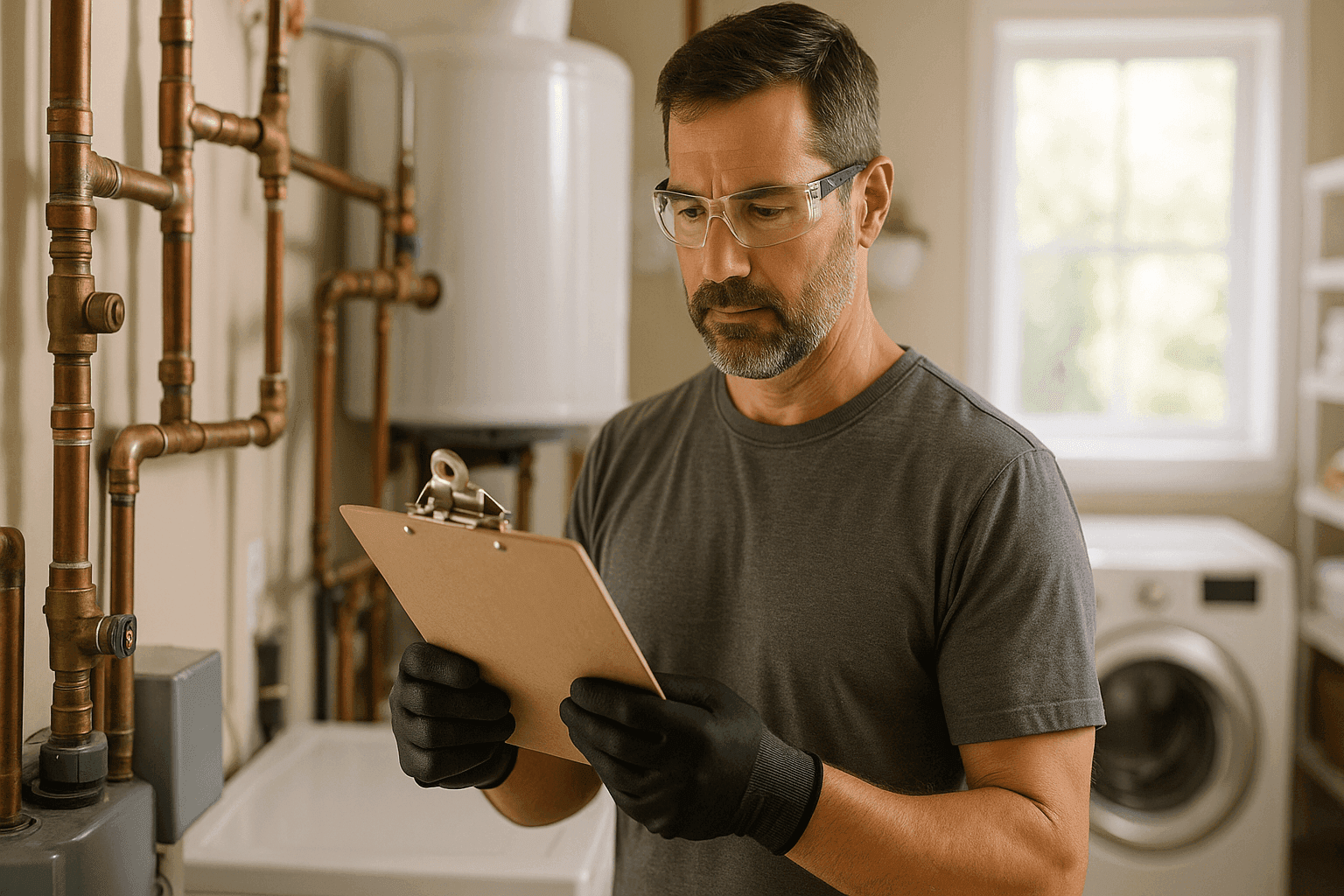 Homeowner using plumbing maintenance checklist in utility room