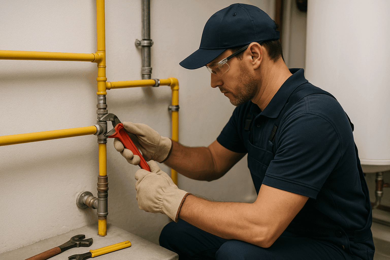 Licensed plumber inspecting gas line installation in a home utility room