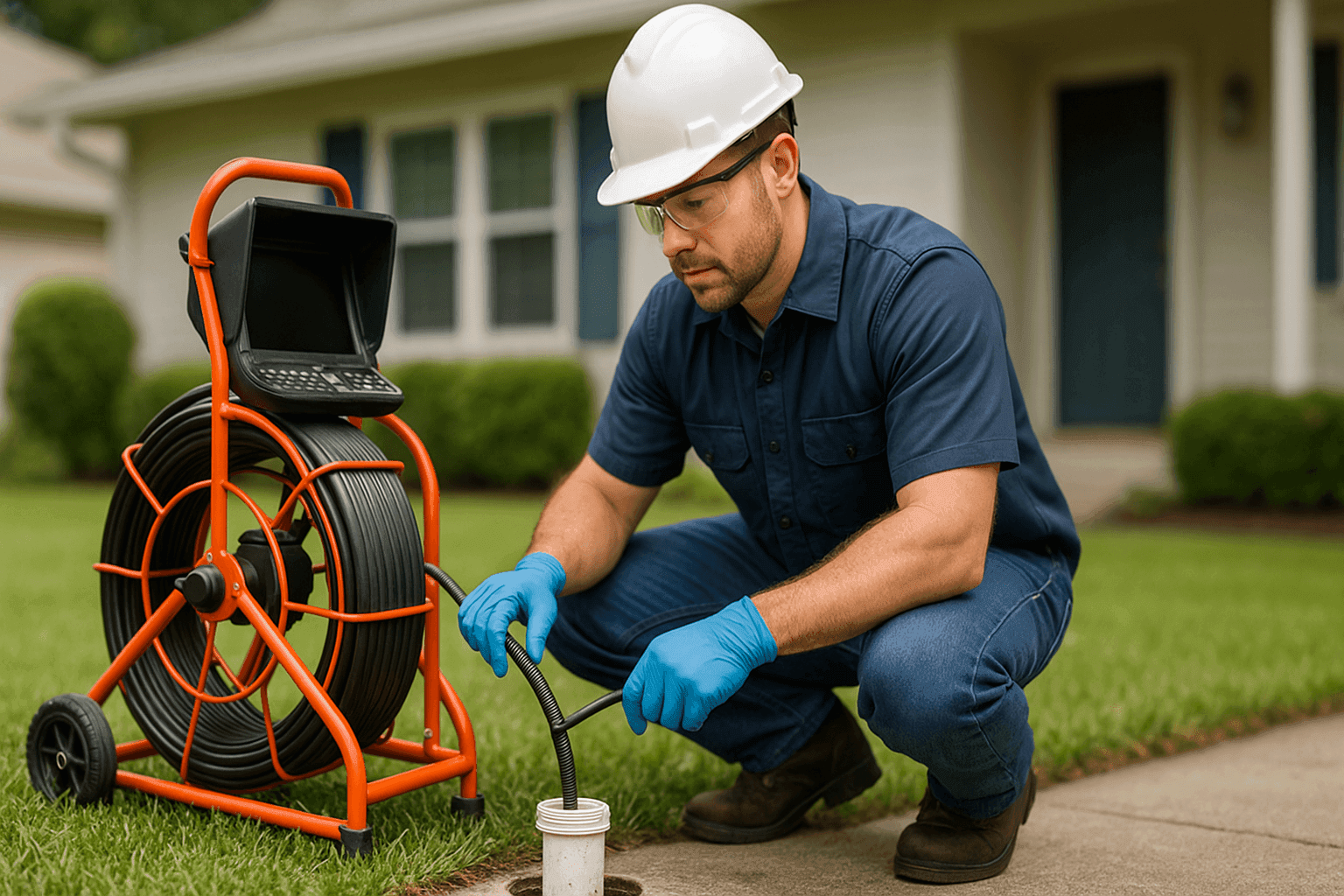 Plumber using sewer inspection camera in residential yard